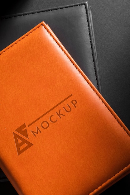 Top view of leather agendas mock-up