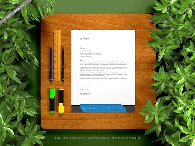 Top view letterhead, daily planner, journal, logbook presentation mockup design.