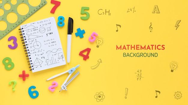 PSD top view of mathematics background with notebook and numbers