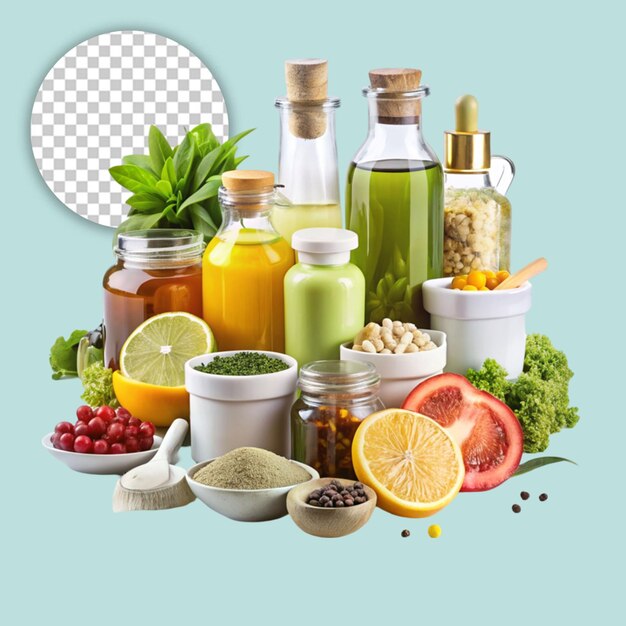 Top view mix of vegetables in bowl and chicken drumstick on transparent background