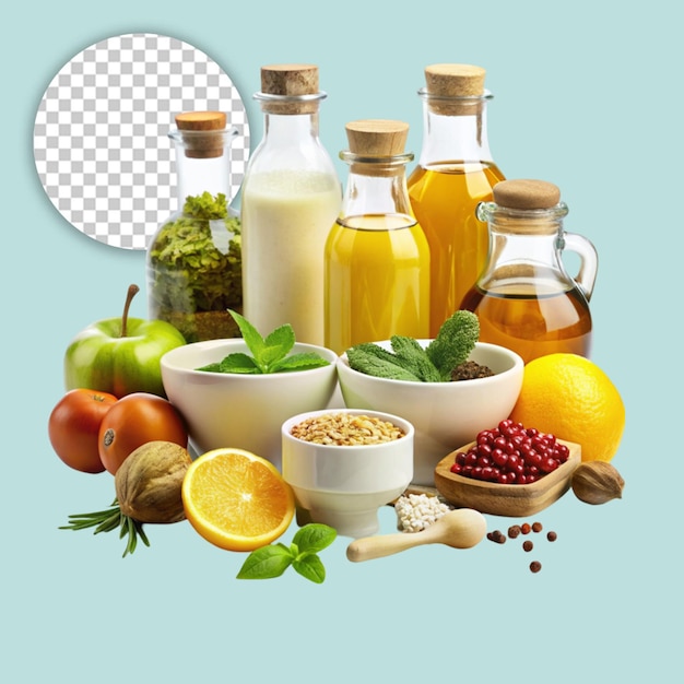 Top view mix of vegetables in bowl and chicken drumstick on transparent background