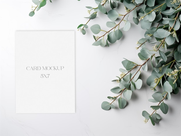 PSD top view mockup card on the white marble background with eucalyptus branches