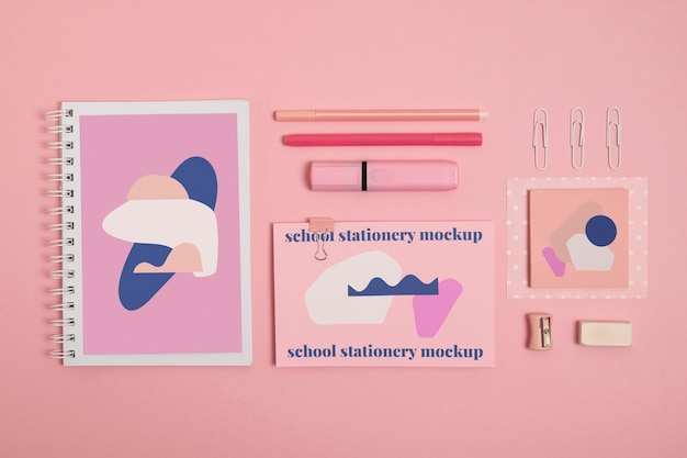 Top view of monochrome stationery collection with pastel colors