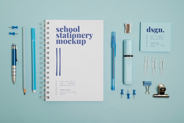 Top view of monochrome stationery collection with pastel colors