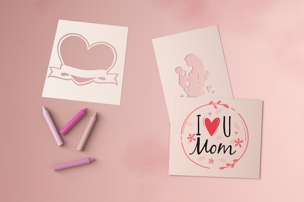 Top view mother's day cards with mock-up