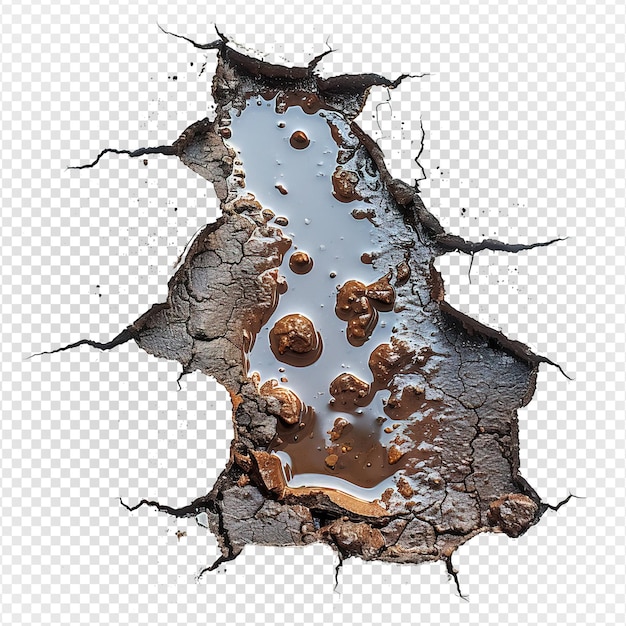 PSD top view muddy puddle hole isolated on transparent background puddle hole with cracks generative ai