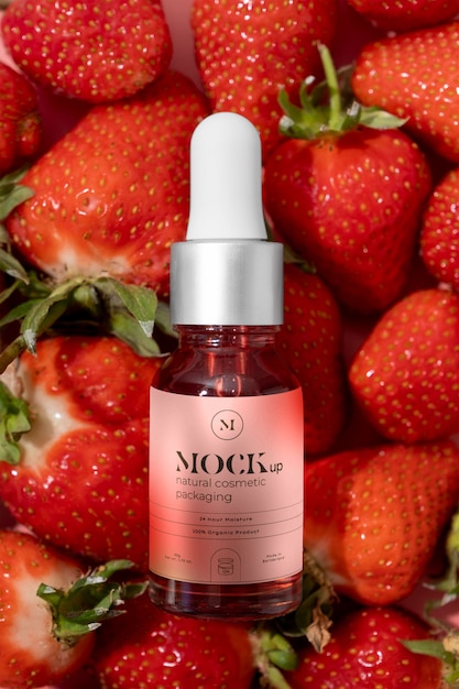 Top view natural cosmetics with strawberries