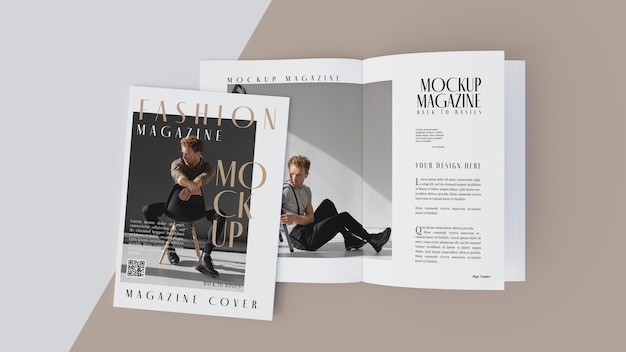 Top view on opened magazine design mockup