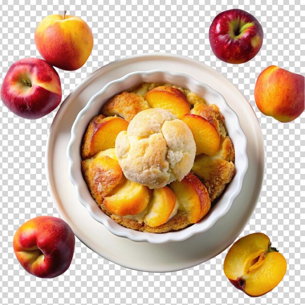 PSD a top view peach cobbler in white plate isolated white background