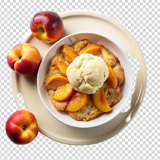 PSD a top view peach cobbler in white plate isolated white background