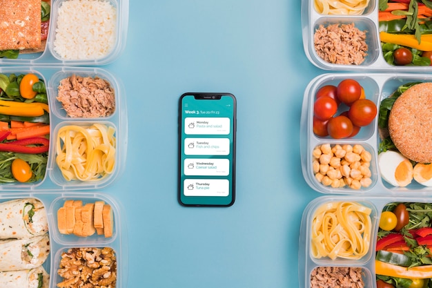 Top view of planned meals with smartphone