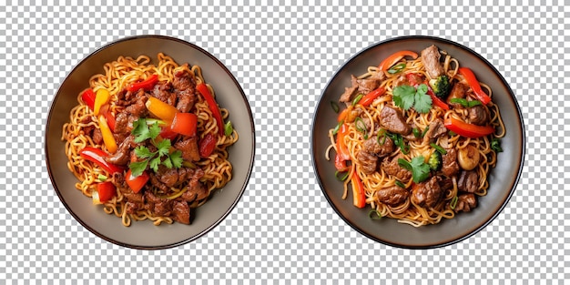 top view plate of fried noodles with meats and vegetables isolated on a transparent background PNG