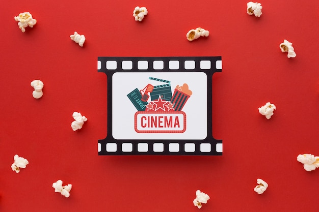 Top view retro film strip and popcorn