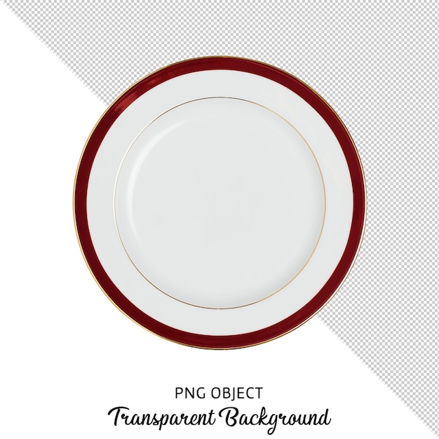 Top view of round white and red plate on transparent background