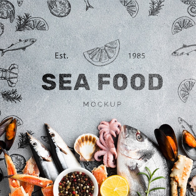 Top view sea food composition with mock-up