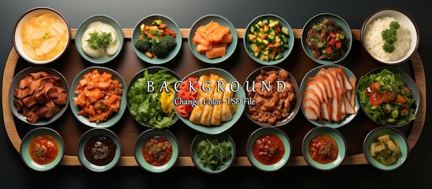 Top view of a set of different types of Japanese food on a black background