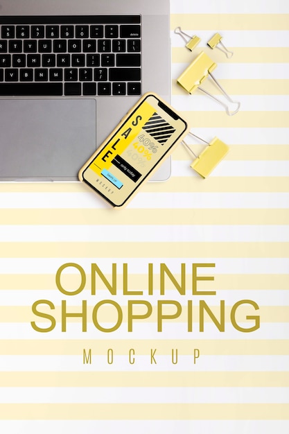 PSD top view shopping online on laptop and mobile