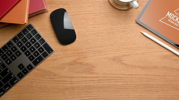 Top view of simple workspace with digital tablet stylus pen mockup