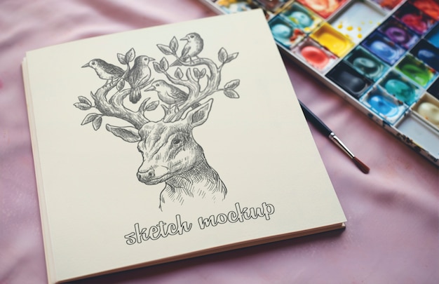 PSD top view on sketchbook mockup design