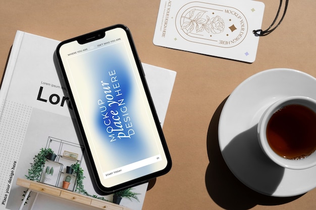 Top view smartphone and label mockup