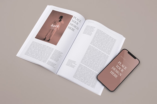 Top view smartphone and magazine mockup