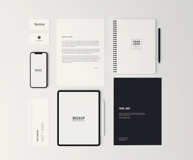 PSD top view stationary and branding identity mockup