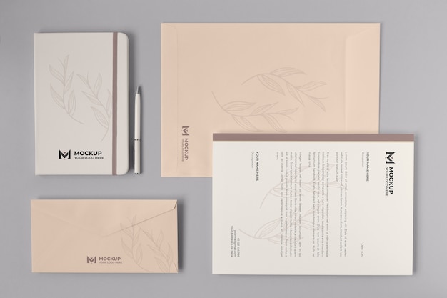 PSD top view on stationery kit mockup