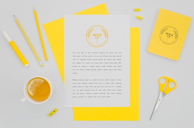 Top view stationery mock-up with juice