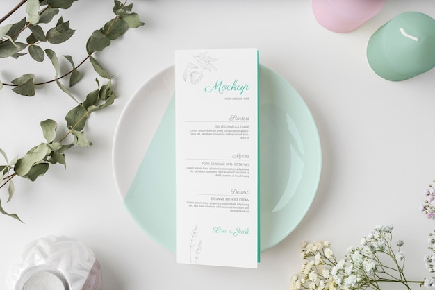 Top view of table arrangement with spring menu mock-up