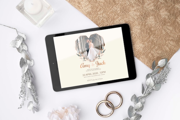 PSD top view tablet with wedding image