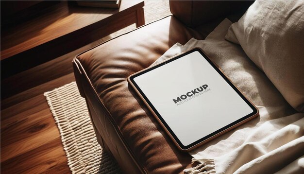 PSD top view of a tablet with white screen mockup lying on a leather sofa