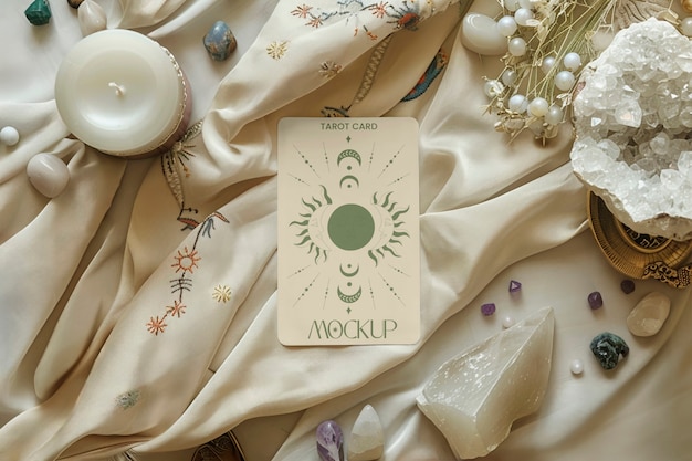 Top view tarot card and cloth mockup