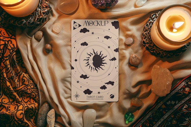 Top view tarot card and cloth mockup