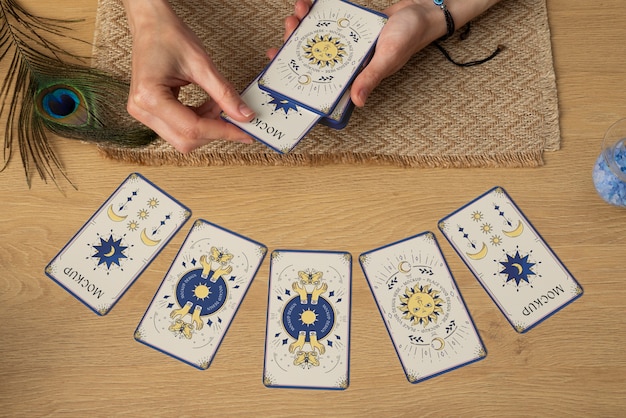 Top view tarot cards reading mockup