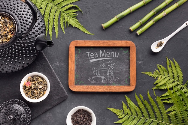 Top view tea menu frame concept