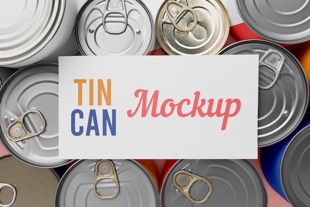 Top view tin cans arranged on table