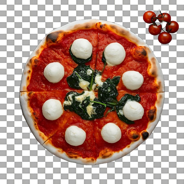 PSD top view of traditional italian margherita pizza with tomatoes isolated on transparent background