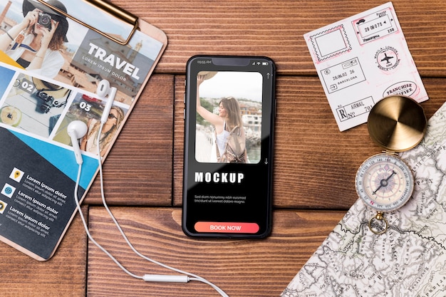 Top view travel mock-up and mobile phone