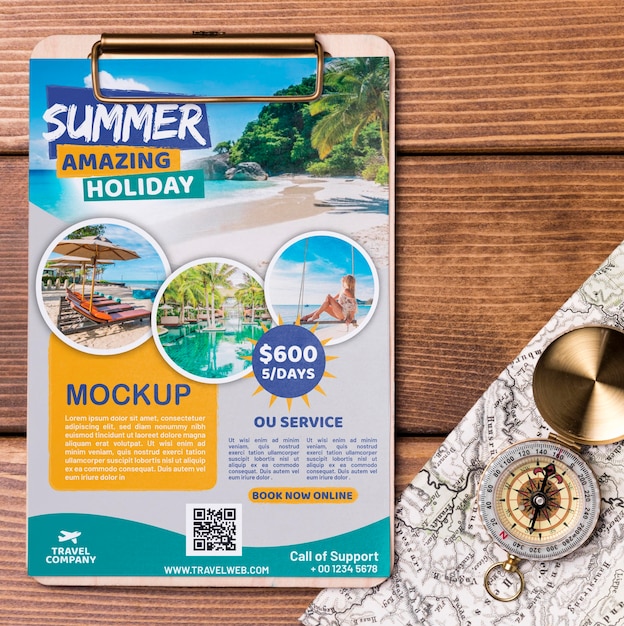 Top view travel mock-up with clipboard ad