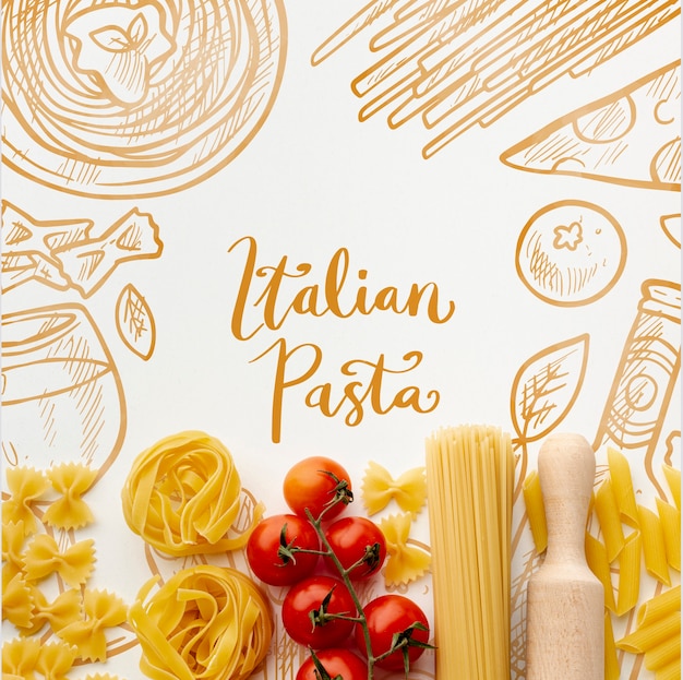 Top view uncooked pasta assortment and tomatoes with hand drawn background