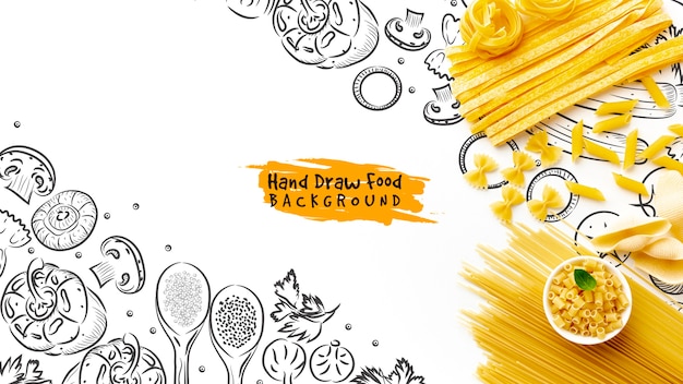 Top view uncooked pasta mix on hand drawn background