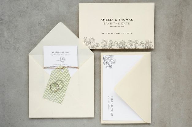 Top view of wedding cards with envelopes