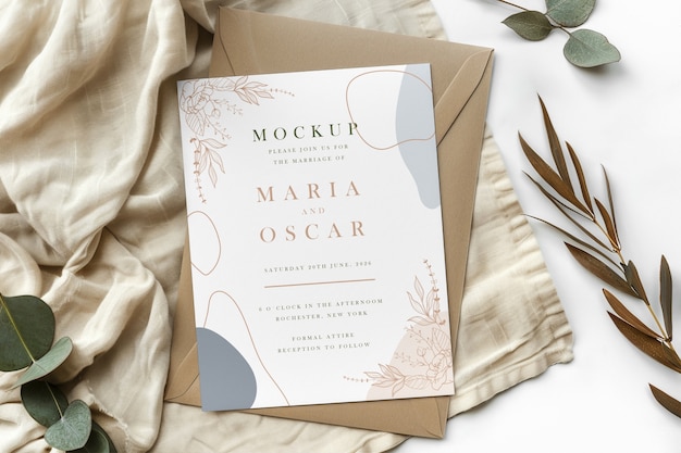 Top view on wedding invitation mockup