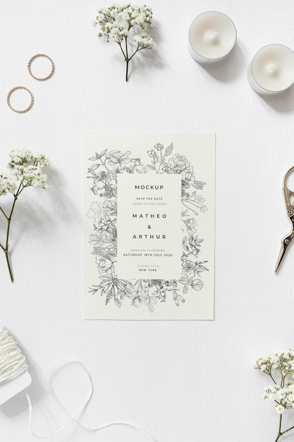 Top view wedding invitation with mock-up