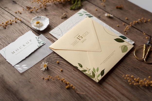 Top view on wildflower wedding invitation