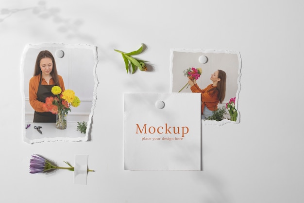 Torn photo frame mockup with flowers