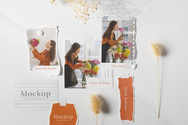 Torn photo frame mockup with flowers