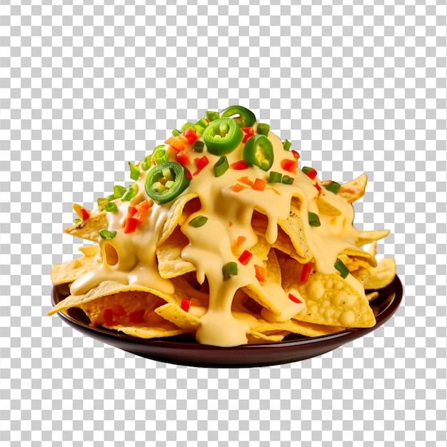 Tortilla chips with Cheddar cheese drizzled on transparent background