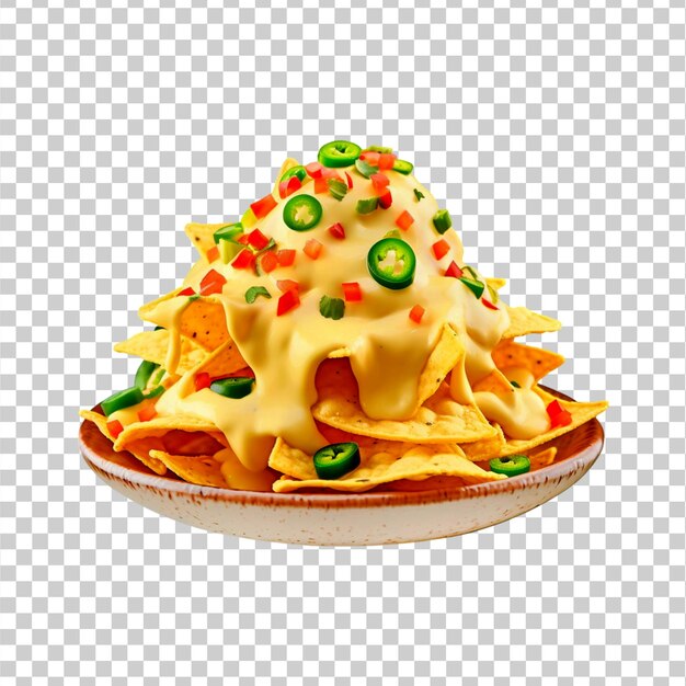 Tortilla chips with Cheddar cheese drizzled on transparent background