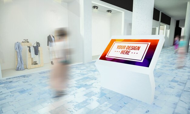 PSD touchscreen info point mockup at shopping mall in 3d rendering